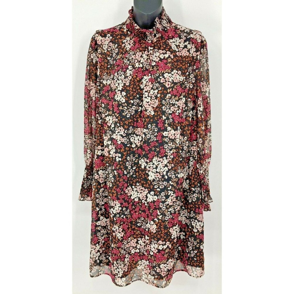 Ann Taylor Tunic Dress 6 Black Brown Pink Long Sleeve Turtleneck Women New B5E